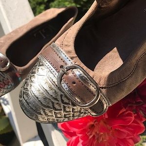 AGL Taupe Suede Snake skin Cap toe ballet Flats